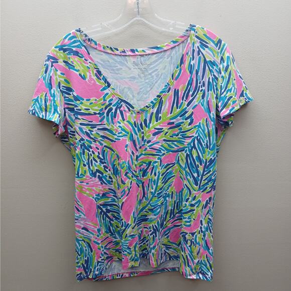 Lilly Pulitzer Women's Palm Reader Print Michele V-Neck Top Multicolor Large - Picture 1 of 8